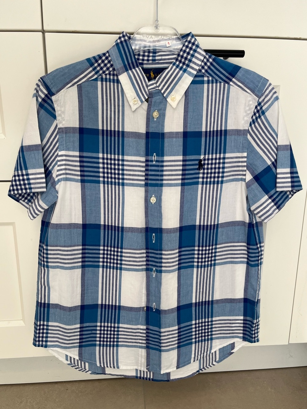 Ralph Lauren Polo boy’s short-sleeve button-down in crisp blue and white plaid
